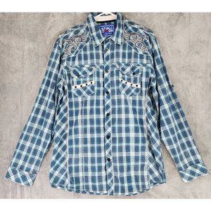 Austin Season Shirt Mens Large Plaid Distressed Embroidered Western Cowboy Top